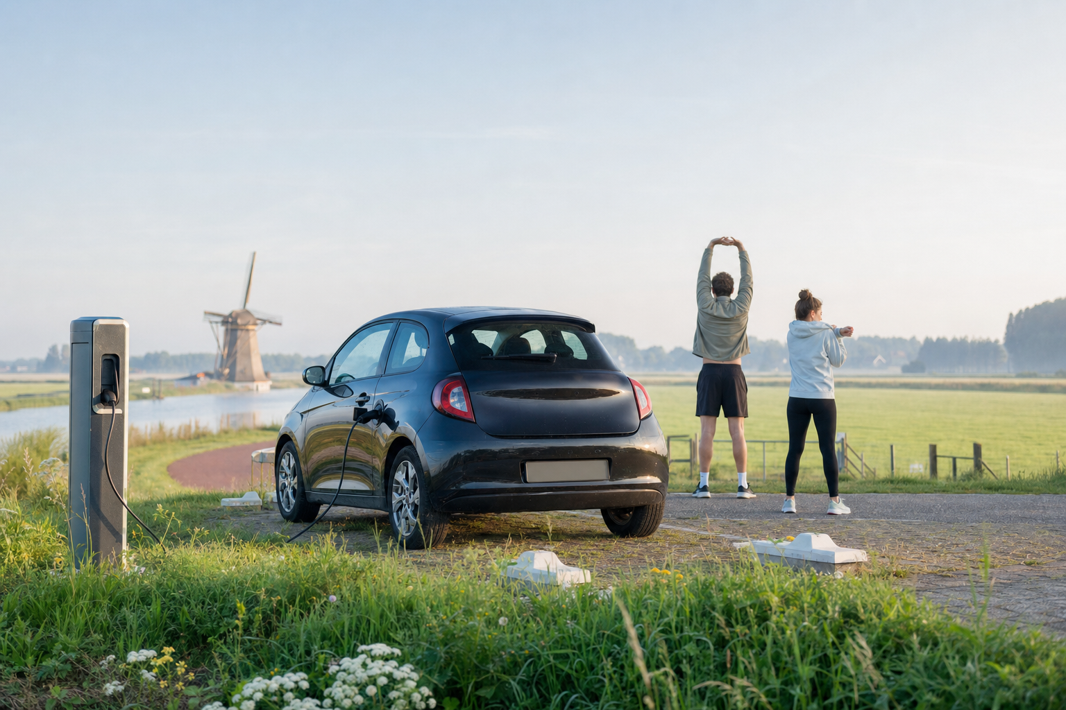 Twee reizigers strekken hun benen naast een elektrische auto bij een laadpunt