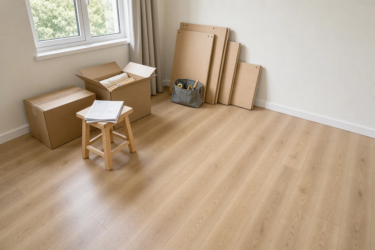 een lege eerste woning met verhuisdozen aan de rand en een meetlint op de vloer, als voorbereiding op een vloerproject.