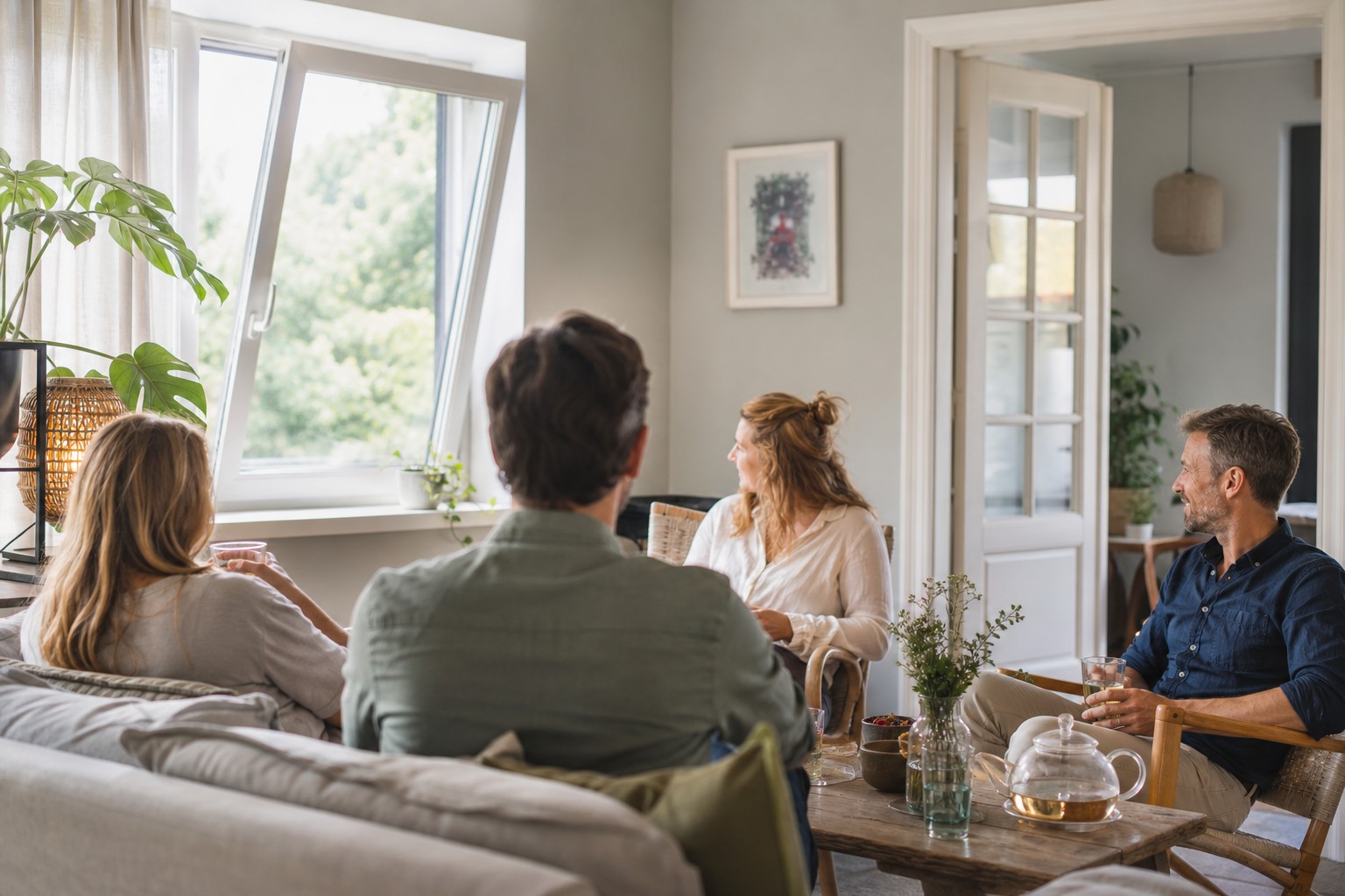 Gezelschap zit in een lichte woonkamer met een open raam voor frisse lucht